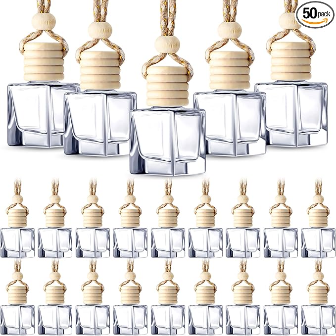 BBTO 50 Pcs Hanging Car Air Freshener Car Diffuser Bottles Empty Glass Perfume Bottle Freshener Diffuser Bottle Pendant for Essential Oil Fragrance Aromatherapy Bottle Ornament(Cube)