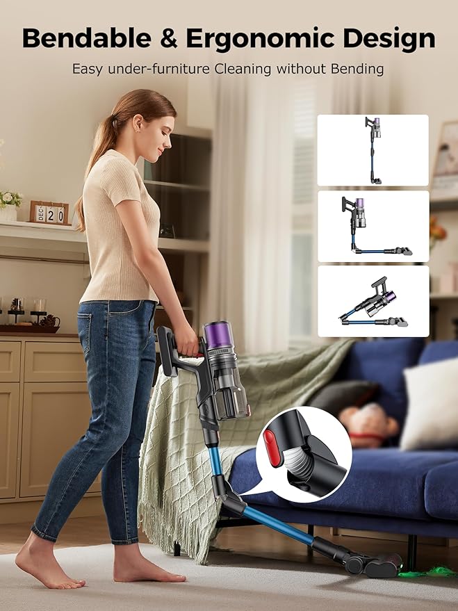 Proscenic Cordless Vacuum Cleaner 45Kpa 55Mins Runtime 180°Bendable Wand Vacuum Cleaners for Home with Green Light Anti-Tangle Brush Rechargeable Lightweight Stick Vacuum for Pet Hair P16(Blue)