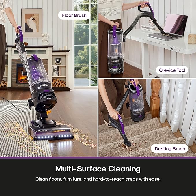 Eureka FlexReach Powerful Upright Vacuum Cleaner for Carpet and Hard Floor Lift-Up Vacuum with Large Dust Cup Anti-Tangle NEU651PL Purple