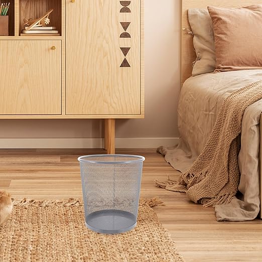 Mesh Metal Wastebasket for Office and Home Rust-Resistant Iron Trash Can with Simple Design Medium Silver Round Garbage Bin for Bathroom Bedroom Dorm Living