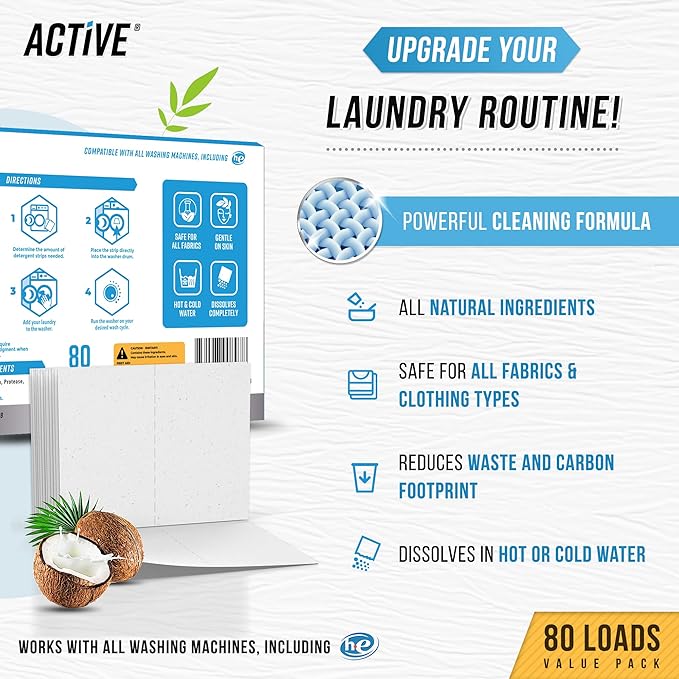 ACTIVE Enzyme Laundry Booster and Fresh Linen Laundry Detergent Sheets - Includes 80 Loads of Detergent Sheets and 64 Loads of Laundry Detergent Boosting Powder