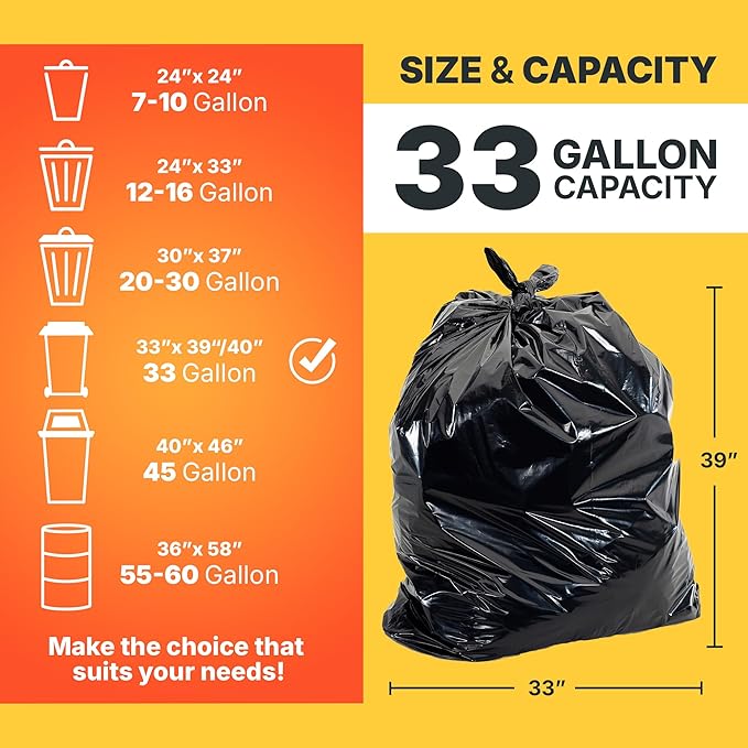 33 Gallon Trash Bags 30 Micron Heavy Duty Pure LDPE Garbage Can Liners 33 x 39 Large Black 100 Count
