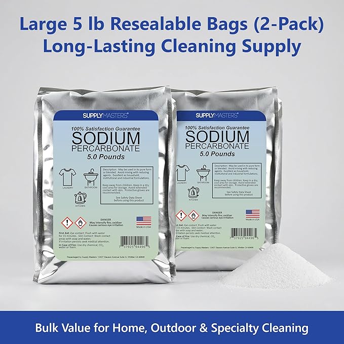 Sodium Percarbonate Powder 2 Pack (10 lbs Total) – Oxygen Bleach Alternative &amp Stain Remover – Multi-Purpose Cleaner for Laundry Carpets Tile Grout Decks Kitchens &amp Outdoor Areas