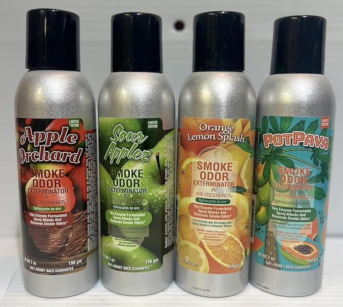 Smoke Odor Exterminator 198 gm/ 7 oz Large Spray Apple Orchard Set of Four Cans. Assortment (4) Includes Apple Orchard Sour Applez Pot Paya &amp Orange Lemon Splash.