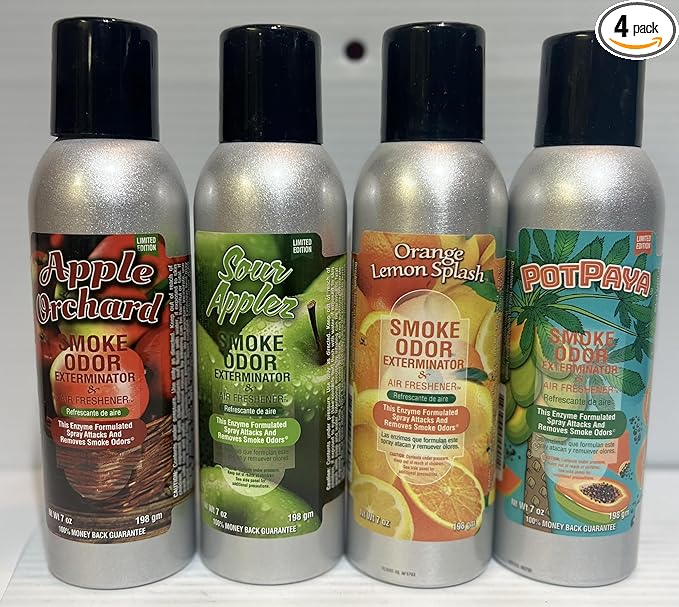Smoke Odor Exterminator 198 gm/ 7 oz Large Spray Apple Orchard Set of Four Cans. Assortment (4) Includes Apple Orchard Sour Applez Pot Paya &amp Orange Lemon Splash.