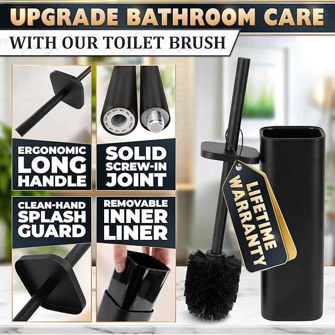 Black Toilet Brush with Square Stainless Steel Holder - Freestanding Toilet Brush and Holder Set Black - Removable Plastic Inner Cup Splash Guard Cover Replaceable Head Corrosion Resistant Finish