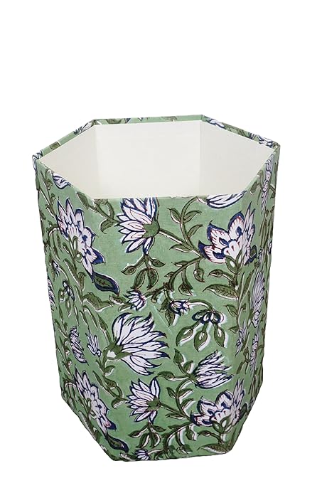 Handmade Cotton Paper Waste Basket Stylish Trash Can for Home or Office (1 Light FREEN FLOWAR)