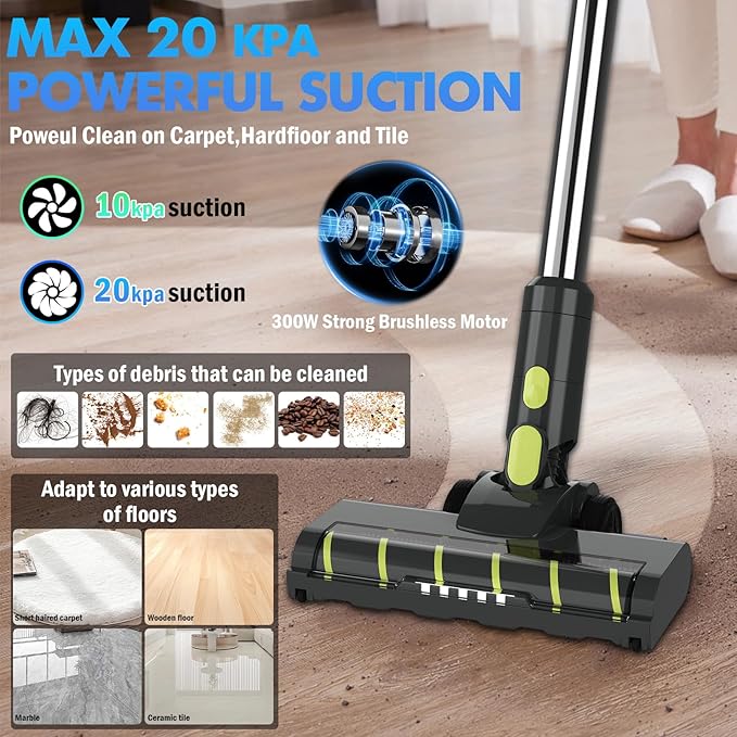 CareVac+ Cordless Stick Vacuum 2 x 2500mAh Batteries for 60 Mins Runtime 20kPa Brushless Motor Wall-Mount &amp Direct Charging Lightweight 2.16lbs for Carpets Hard Floors and Pet Hair