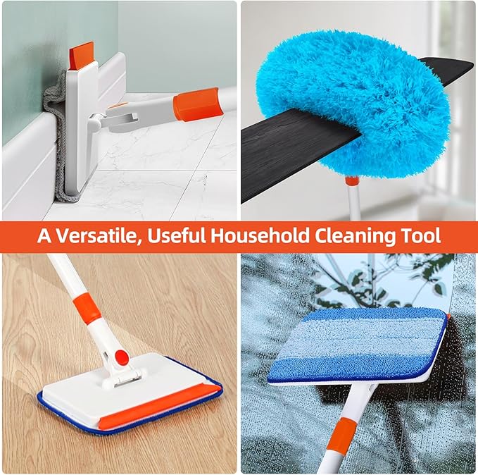 Baseboard Cleaner Tool with Handle Extendable Long Handle Baseboard Cleaning Duster with Reusable Pads for Floorboard Ceiling Fan Blade Cleaner Duster (Blue)