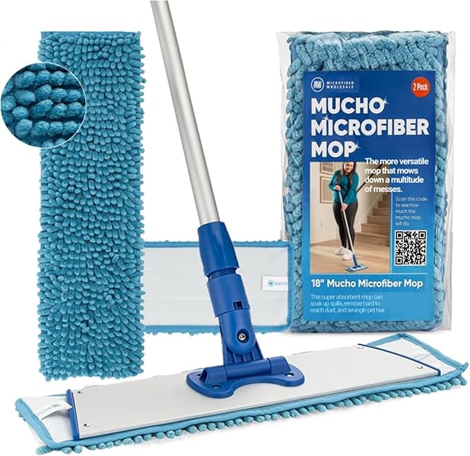 18 Mucho Mop Microfiber Mop System - Mops for Floor Cleaning - Hardwood Floor Mop for Tile Laminate Wood Vinyl Floors | Washable Pads | Dry &amp Wet Mopping