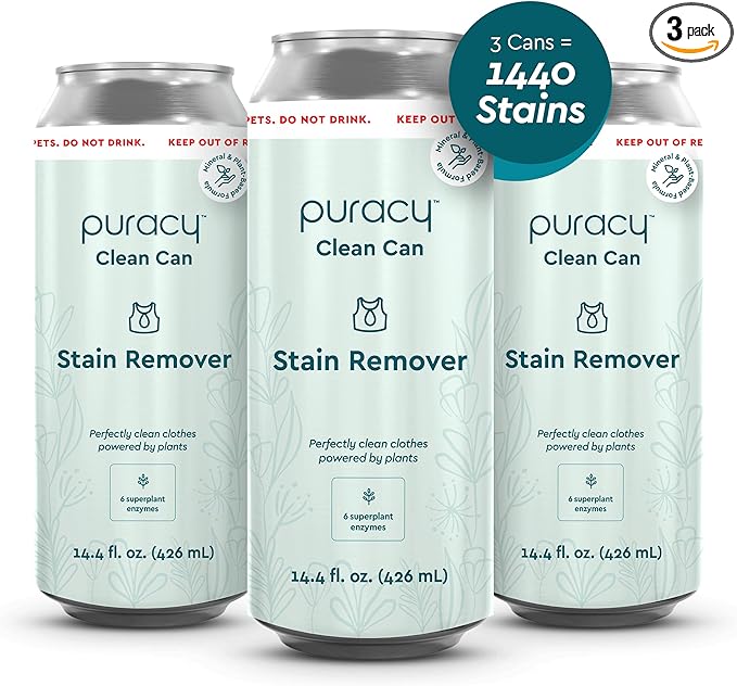 Puracy Clean Can Laundry Stain Remover - Fabric Stain Remover for Clothes Laundry - Stain Treater - Active Enzyme Laundry Stain Remover Spray - Spot Remover for Clothes (3 Pack Refill Free &amp Clea
