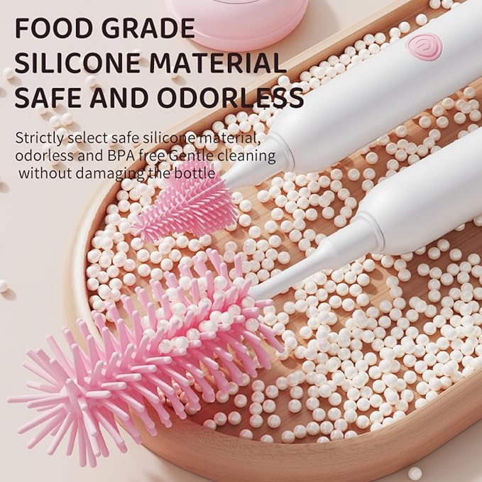 Rechargeable Electric Bottle Brush with Stand - 360° Spin Silicone Cleaner for Baby Bottles Breast Pumps &amp Small Household Containers (Pink)