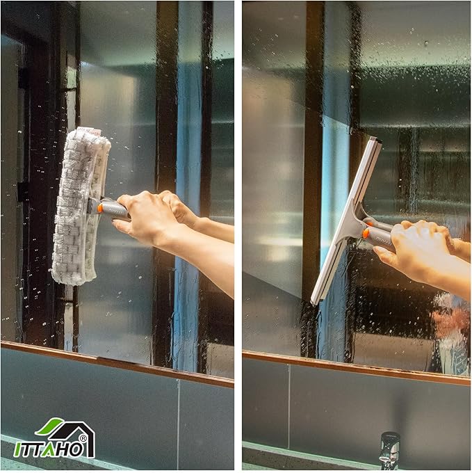 ITTAHO Squeegee for Window Cleaning12 Squeegee and 11 Microfiber Scrubber Combi with Stainless Steel PoleExtendable Window Cleaner for CarSliding DoorShower Glass Door-Swivel Style-2 Pads