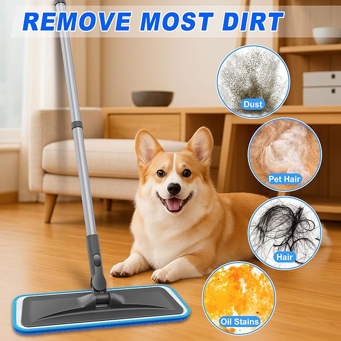 Grey Flat Floor Mop with 4 Reusable Microfiber Pads for Dusting + Purple Flat Floor Mop with 4 Washable Microfiber Pads for Mopping