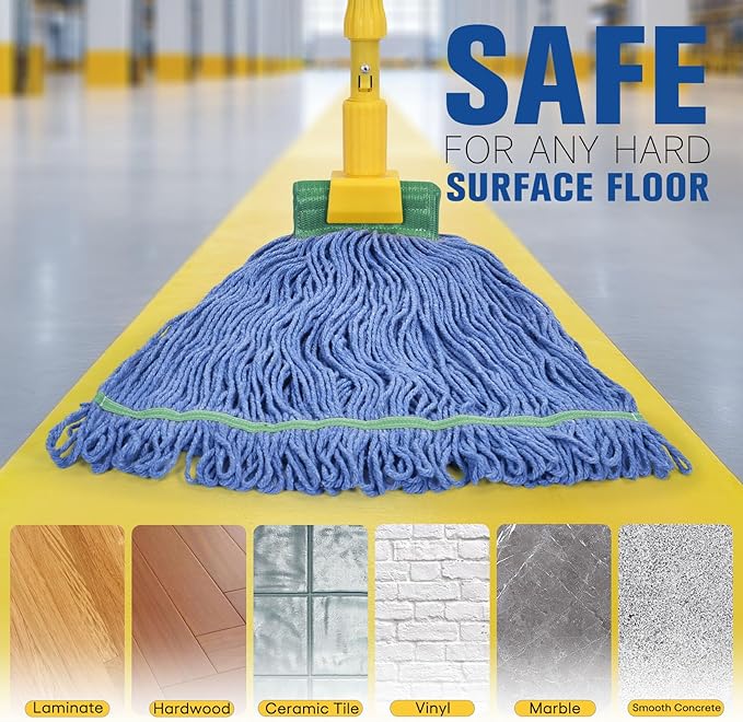 Matthew Cleaning Commercial Mop Head Replacement 5 Inch Wide Headband Looped End Cotton Blend String Wet Mops for Floor Cleaning 18 oz Medium 3-Pack Blue