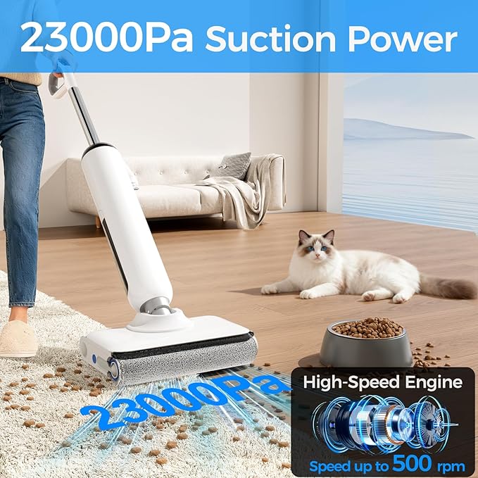 Cordless Wet Dry Vacuum Cleaner 23KPa Vacuum Mop for Hard Floors Up to 45 Min Runtime 180° Lay-Flat Design with Hot Water Self-Cleaning &amp 185°F Hot Air Drying Anti-Tangle Brush for Pet Hair