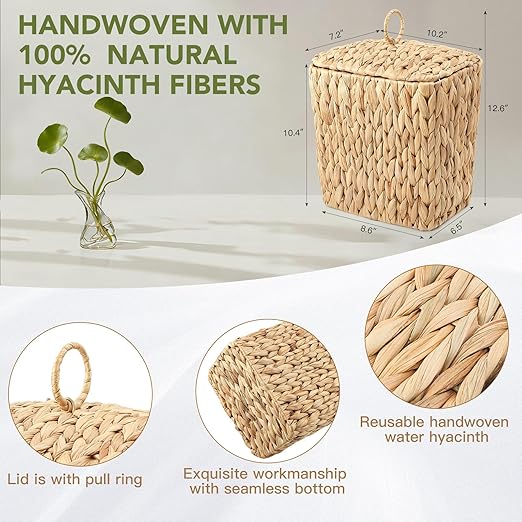 Wicker Waste Basket and Toilet Paper Holder 2.5 Gal Handwoven Water Hyacinth Trash Can with Lid Garbage Bin Toilet Paper Storage Woven Rustic Decorative for Bedroom Bathroom Office Living Room