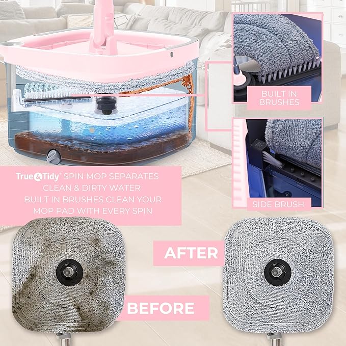 True &amp Tidy® True Clean Mop and Bucket System Includes Square Spin Dual Compartment Mop Bucket and 2 Thick Machine Washable Pads New Upgraded with Side Brush &amp Self Standing Handle Rose