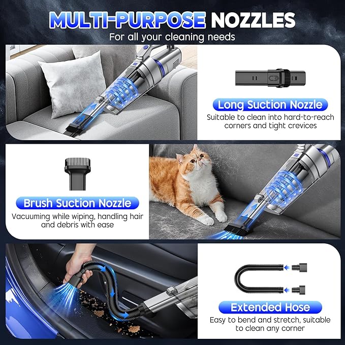 Handheld Vacuum Cordless 16000PA Strong Suction Hand Held Car Vacuum Cleaner Portable Hand Vacuum Rechargeable with Multi-Nozzles &amp LED Light for Home Car Office Pets