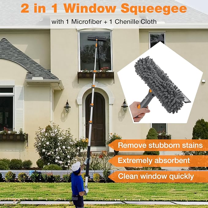 20FT Reach Window Squeegee with 5-13 FT Extension Poles Extra-Large 14 Window Squeegee Window Cleaning Kit with Telescopic PoleWindow Cleaner Tool with Adjustable Head for High Window Glass RV