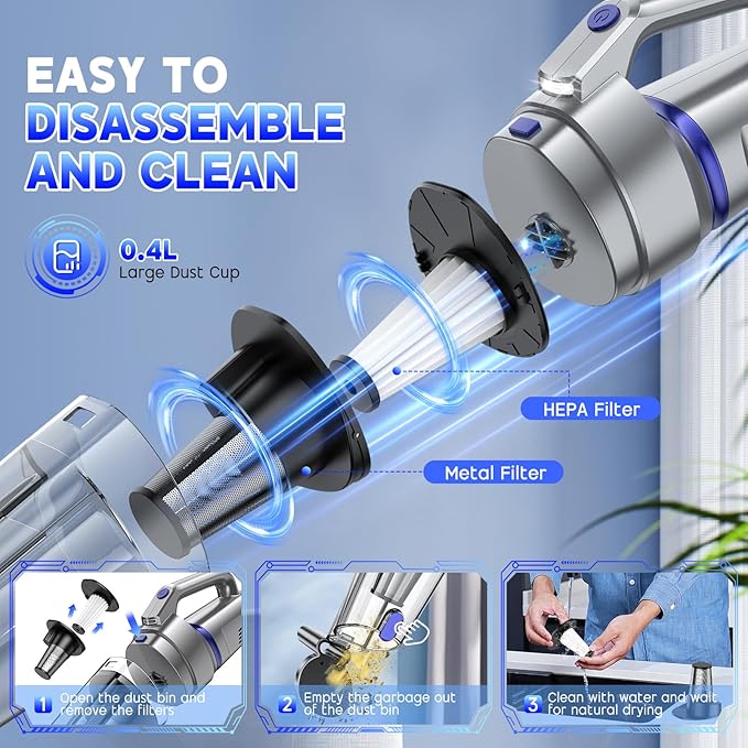 Handheld Vacuum Cordless 16000PA Strong Suction Hand Held Car Vacuum Cleaner Portable Hand Vacuum Rechargeable with Multi-Nozzles &amp LED Light for Home Car Office Pets