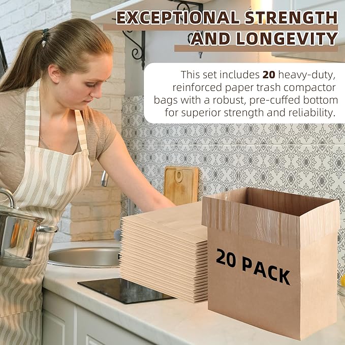 (20-Pack) Calvana Super Strong Compactor Bags Heavy-Duty Kitchen Paper Trash Bags with Leak Proof Plastic Liner Reinforced Bottom Fits GE Model Compactors with Rectangular Containers