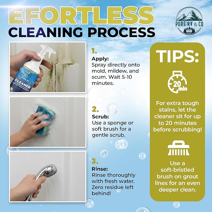 RV Shower Cleaner for Removing Hard Water Marks Soap Scum Stains Bleach and Ammonia-Free Formula Safe for Plastic &amp Fiberglass Low Odor Formula with Citrus Scent (32 oz)