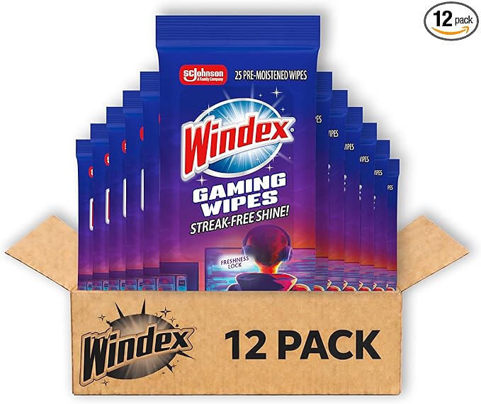 Windex Gaming Cleaning Wipes Ammonia-Free Anti-Static Electronics Cleaner for Consoles Controllers Screen TV Computer Monitor &amp Keyboard Streak-Free Pre-Moistened 25 Count (Pack of 12)