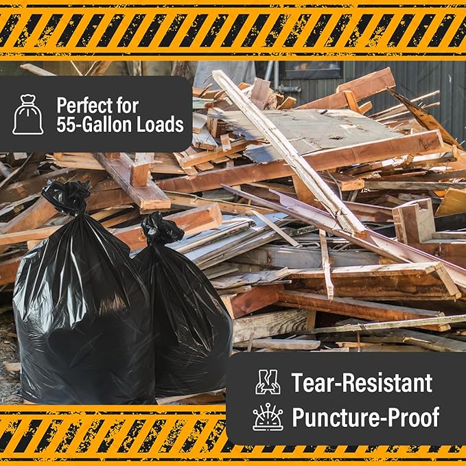 Extra Heavy Duty Black Contractor Garbage Bags 55 Gallon 50 Trash Bags Construction Grade 3 mil Made in USA