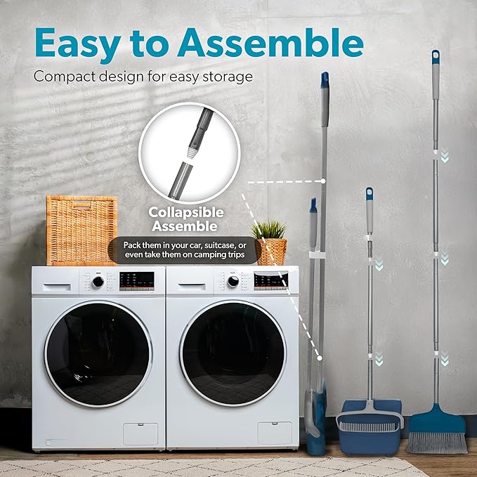 BLACK+DECKER Butler Broom &amp Dustpan Set - Stand-Up Design - Lightweight Space-Saving Combo for Kitchen Living Room Bathroom Lobby Floors - Home Cleaning Essential Ocean Blue