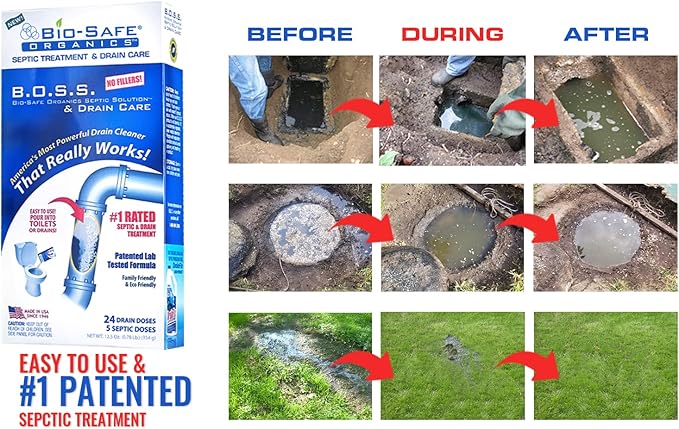 B.O.S.S.- Bio-Safe Organics Septic Solution &amp Drain Care 12.5 oz Powder - Patented Bacteria Enzyme Exxon Valdez Septic Tank Maintenance &amp Drain Care Formula All Septic Tank Systems &amp Drai
