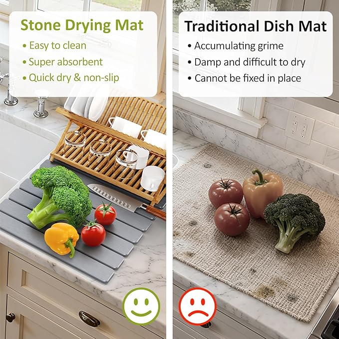 Large Stone Dish Drying Mat for Kitchen Counter 24(L)×16(W) Collapsible Quick Dry Stone Dish Mats Super Absorbent Diatomaceous Earth Drying Pad for Dishes Bottles Cups Countertops (Light Grey)