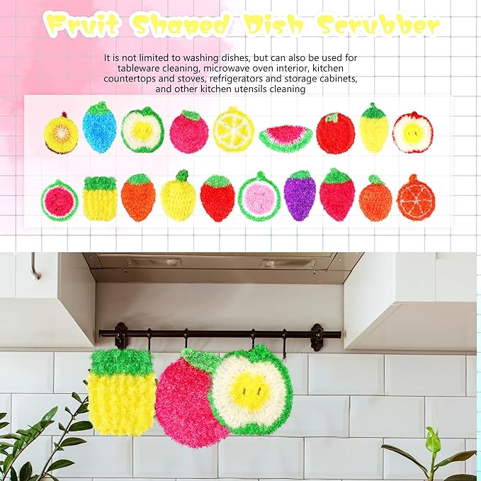 20 Pieces Fruit Dish Scrubber Colorful Reusable Kitchen Fruit Shaped Dish Scrubbers for Family Washing Pots and Dishes Bathtub Sink