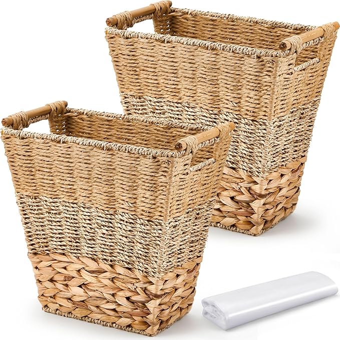 Mifoci 2 Pcs Wicker Trash Can with 50 Small Trash Bag Wicker Waste Woven Basket with Handles Clear Multi Use Garbage Bags for Bathroom Kitchen Bedroom(Multicolor)
