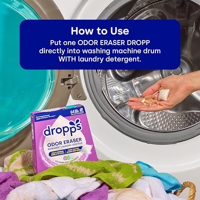 Dropps Odor Eraser Pods (64 Count) - Powered by TriCore Erase | Use With Detergent | Odor Remover | For Sweat Musty Towels Mildew Pet &amp Body Odors | Clean Laundry Booster | Plastic-Free Packagi