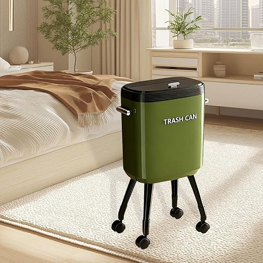 Garbage Can with Legs Dustbin High Foot 15L Large Capacity Household No Bending Wastebasket for Office Bedroom Kitchen Toilet Green with Caster