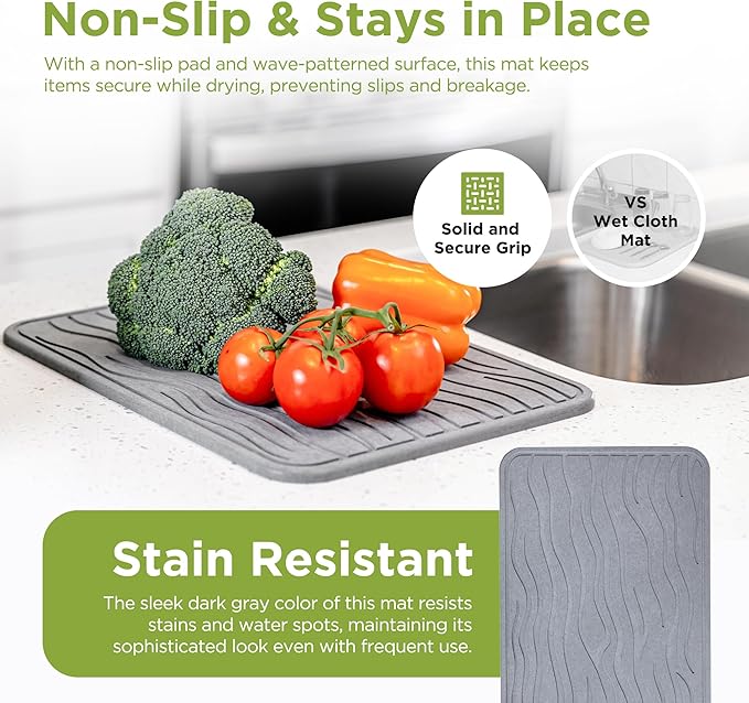 Stone Dish Drying Mat for Kitchen Counter - Super Absorbent Fast Drying Diatomaceous Earth Prevents Water Build-Up Non-Slip &amp Heat Resistant 15.75 X 11.75 Dark Gray
