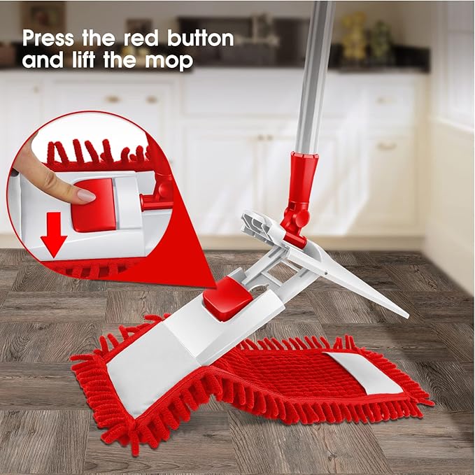 MASTERTOP Microfiber Mop for Floor Cleaning Flat Dust Mop for Home and Kitchen Adjustable Stainless Steel Handle with 4 Washable Mop Pads Hardwood Floor Mop for Wood Vinyl 1 Cleaning Scraper