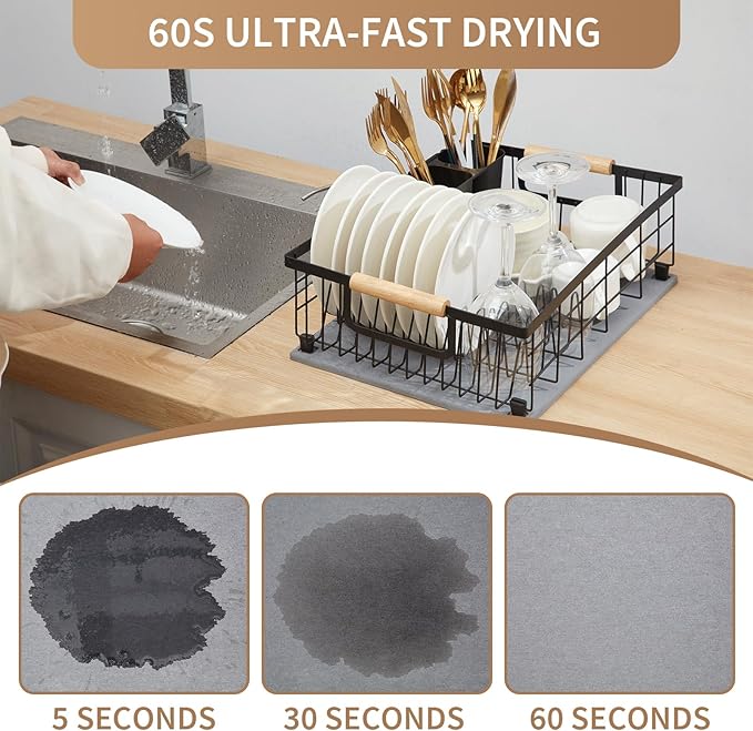 Dish Drying Rack with Stone Drying Mat Dish Drainer and Diatomaceous Earth Dish Mat Dish Drainers for Kitchen Counter with Stone Dish Mat