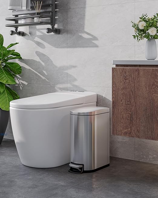GarveeHome 2.6 Gallon Bathroom Trash Can Space-Saving Slim Stainless Steel Step-On Garbage Bin with Soft Close Lid Removable Inner Bucket for Bathroom &amp Bedroom Silver