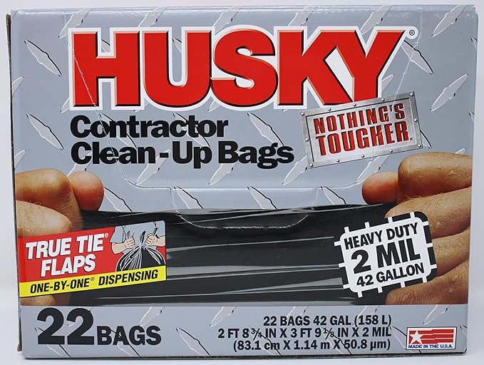 Husky HK42WC022B Heavy Duty Contractor Clean-Up Bag Poly Black 42 gal 4' L x 2' 9 in W x 2 Mil T
