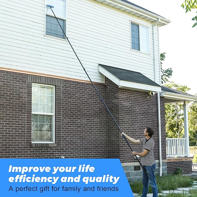 36 Foot High Ceiling Duster Kits with 4.7-30 FT Carbon Fiber Extension Pole Feather Duster Cobweb Duster Ceiling Fan Duster Window Squeegee &amp Cleaner with Pole 30 Ft