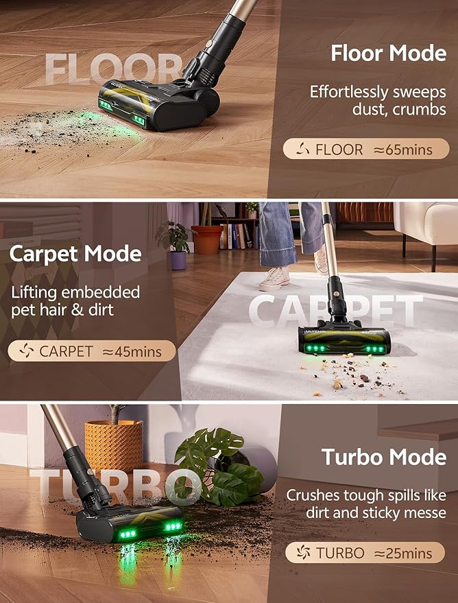 Ultenic Cordless Vacuum Cleaner 600W 60KPA 65mins Vacuum Cleaners for Home Cordless Stick Vacuum with Green Light Self-Standing &amp 180° Lay-Flat Anti-Tangled Brush for Floor/Carpet/Pet Hair