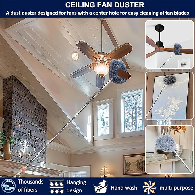 4 Pack 20+ Feet High Reach Dusting Kit with 3-14 ft Spliceable Pole //2 in 1 Window Cleaning Kit // High Ceiling Duster // Cobweb Microfiber Duster // Ceiling Fan Duster Cleaning Kit for Home Clean