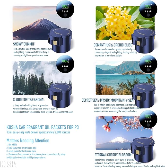 KOSHA Automobile Aroma Diffuser with Colorful Running Lights 3 Mode Settings 900mAh Essential Oil Display Non-Slip Lasts 2000 Refills Air Freshener for Car &amp Home (Secret Sea)