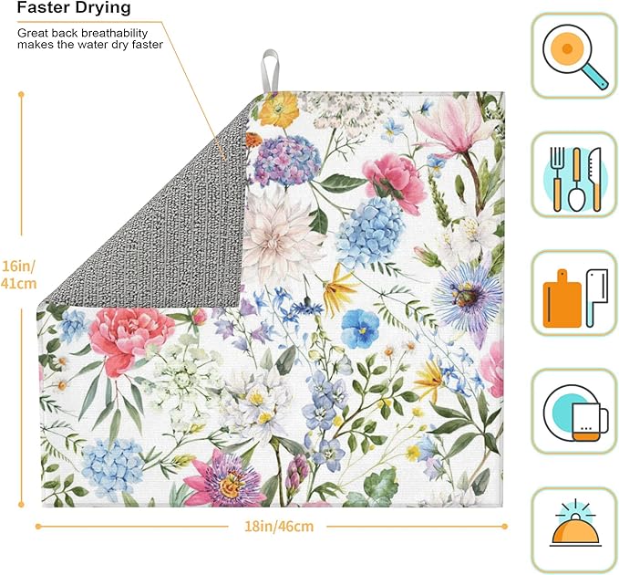 Colorful Flowers Dish Drying Mat for Kitchen Counter 16x18 Microfiber Absorbent Fast Dry Mat 2Pcs Dish Mat Faucet Mats Sets Large Drying Kitchen Mat Kitchen Drying Pad Coffee Bar Decor Gifts