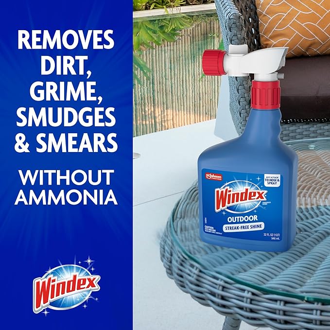 Windex Outdoor Window and Glass Cleaner for Hose Ammonia Free Concentrated Formula for Deep Outdoor Clean Patio Cleaner Compatible With All Hoses 32 Fl Oz (Pack of 2)