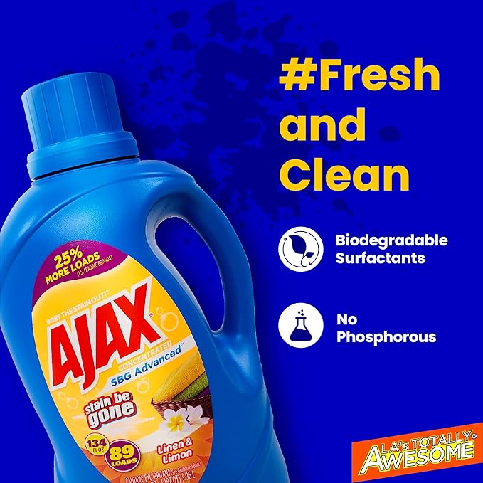 SOILOVE 1 Gallon Laundry Stain Remover &amp Ajax 134oz SBG Linen &amp Lemon Laundry Detergent – Ultimate Stain-Fighting &amp Freshness Duo for Tough Stains &amp Clean Clothes