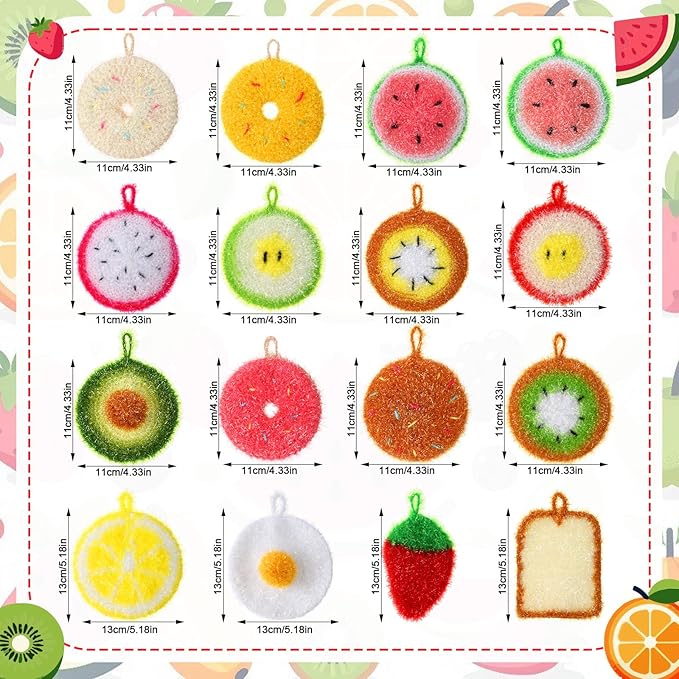 Mifoci 16 Pcs Fruit Dish Scrubber Non Scratch Dish Washing Scrubbers Double Layered Dishes Washing Sponges Reusable Household Cleaning Kitchen Tools for Dishwashing Dishes Cookware Tubs Sinks