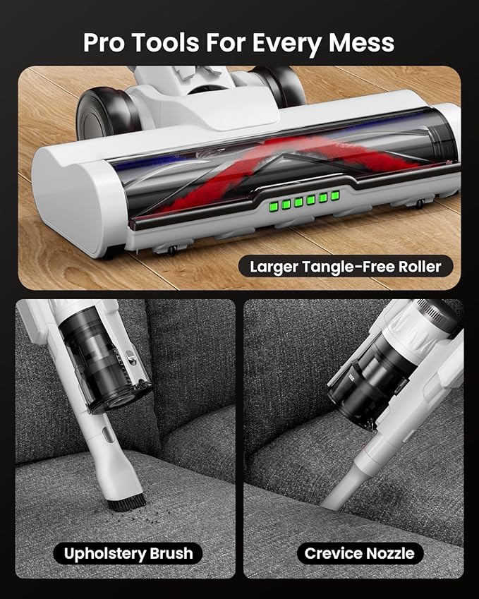 Cordless Vacuum Cleaner for Home Upgraded 60Kpa Powerful Suction Pet Hair Vacuum with 70min Runtime Green LED Light for Hardwood Floors &amp Carpet Self-Standing Rechargeable Stick Vacuum Off-whi